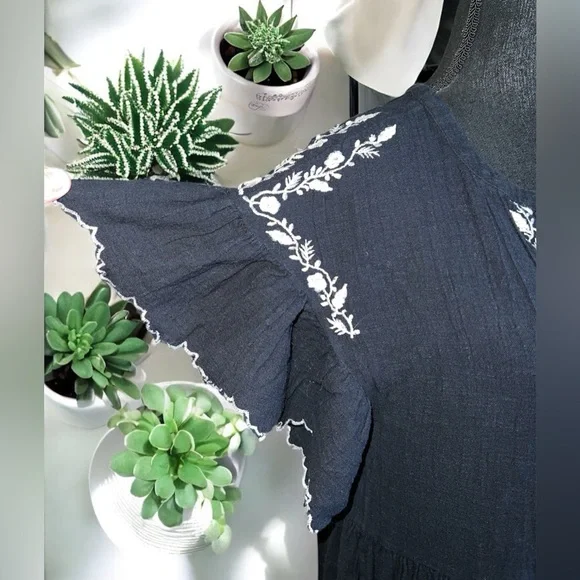 Free People Santiago Embroidered Mini Dress black cotton gauze white floral S - Picture 5 of 7